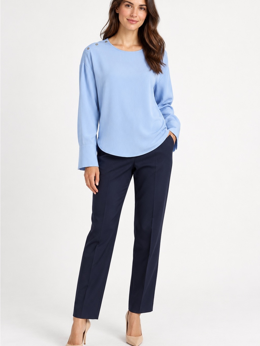Mango Blue Button Shoulder Long Sleeve Blouse S NWT
